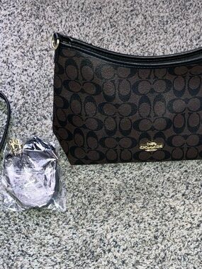 Coach Brown and Black Signature Canvas Shoulder wrist  Bag